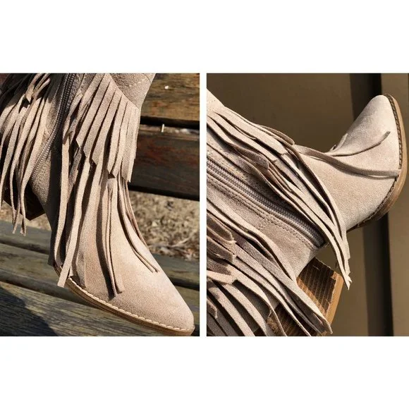 NEW Fringe Tassel Faux Suede Pointy Toe Block Heel Western Booties Boots Taupe - Picture 8 of 14